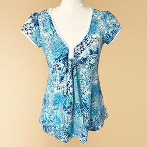 Y2K LIZ in LA Blue Abstract V-Neck Top